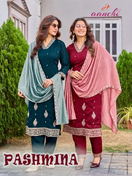 Pashmina By Aanchi Vichitra Silk Embroidery Kurti With Bottom Dupatta
